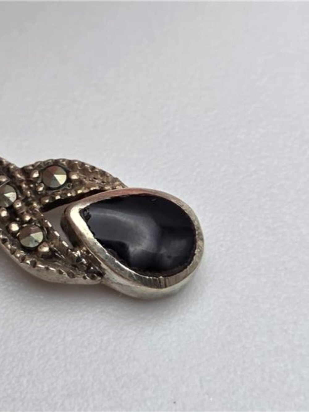 925 Sterling Silver Onyx Marcasite Pendant Necklace 18.5" 27mm Vintage - Picture 6 of 10